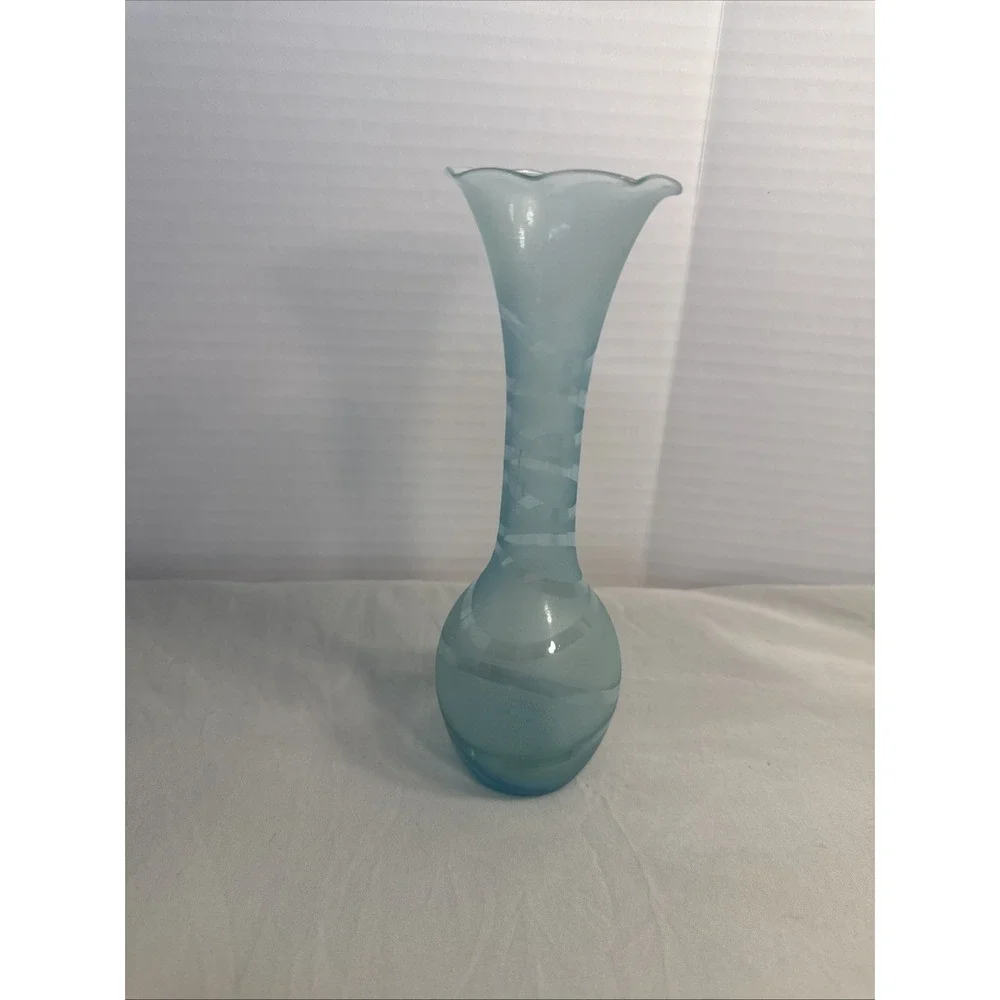 Vintage Light Blue Frosted Art Glass Vase 10